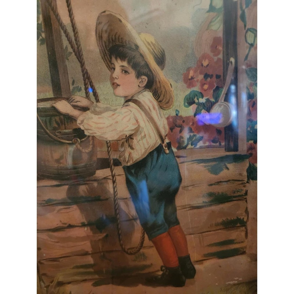 Antique Wood Framed Victorian Lithograph Print "OLD OAKEN BUCKET" Boy at Well - Picture 9 of 9